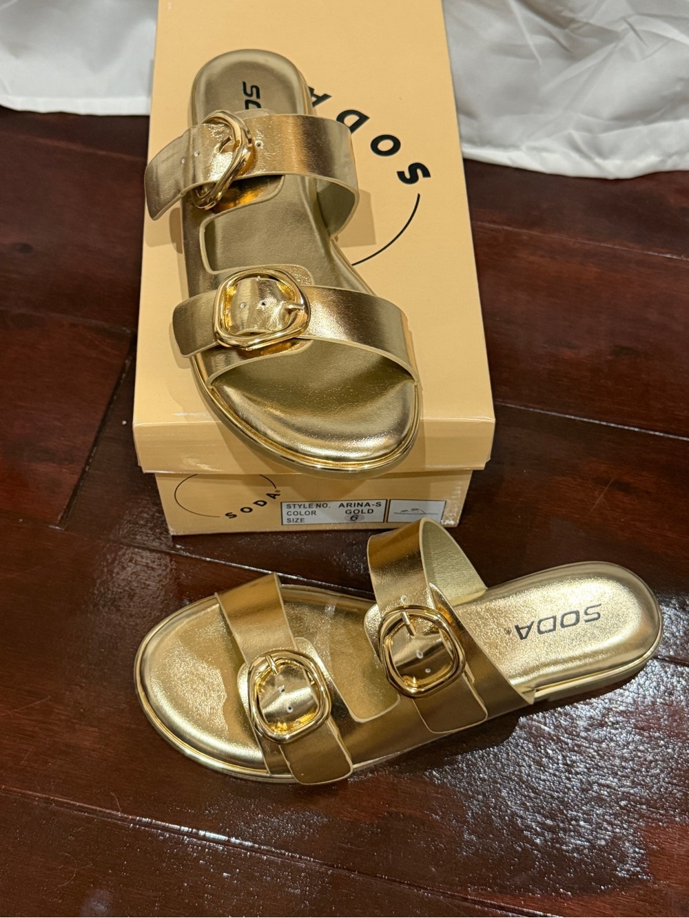 SODA Gold Double-Buckle Slide Sandals for Women NEW IN BOX SZ6